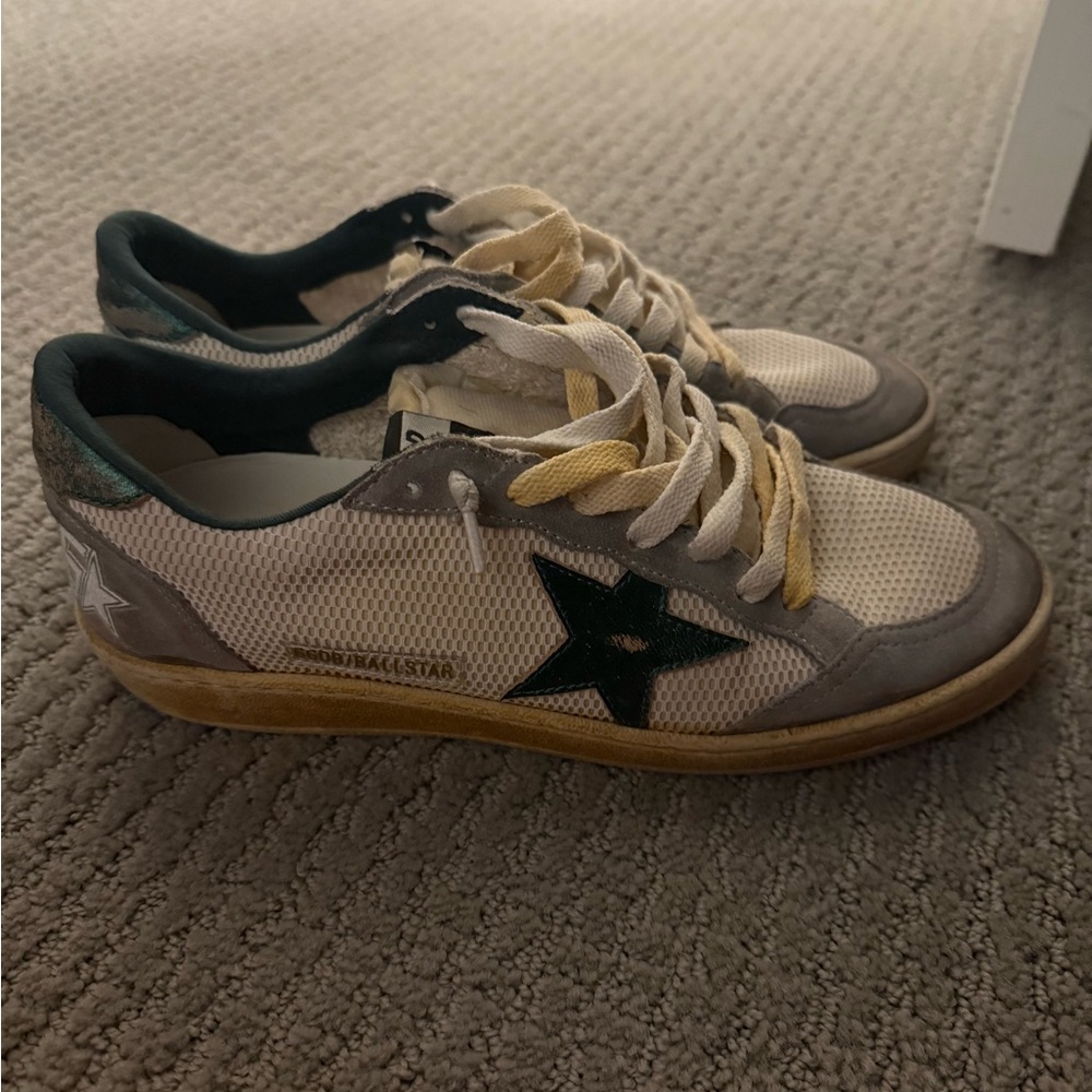 Golden Goose Ball Star Mesh Cream and Dark Green Sneakers